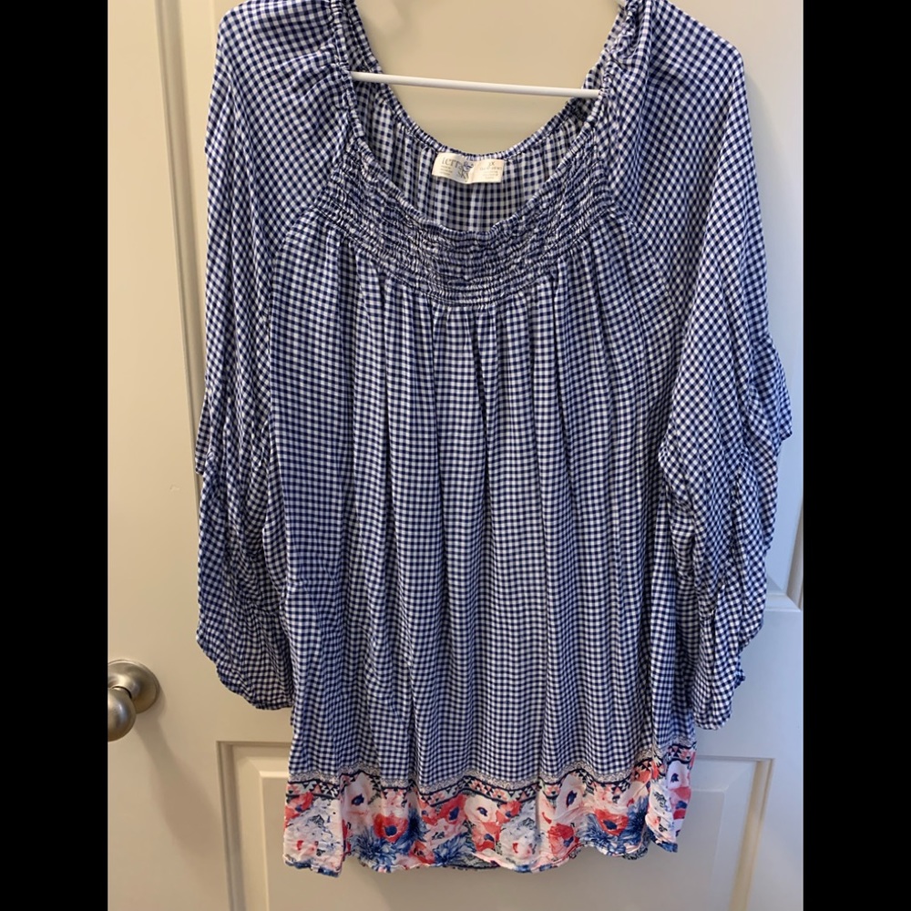 Terra & Sky 3X Gingham and Floral Blouse